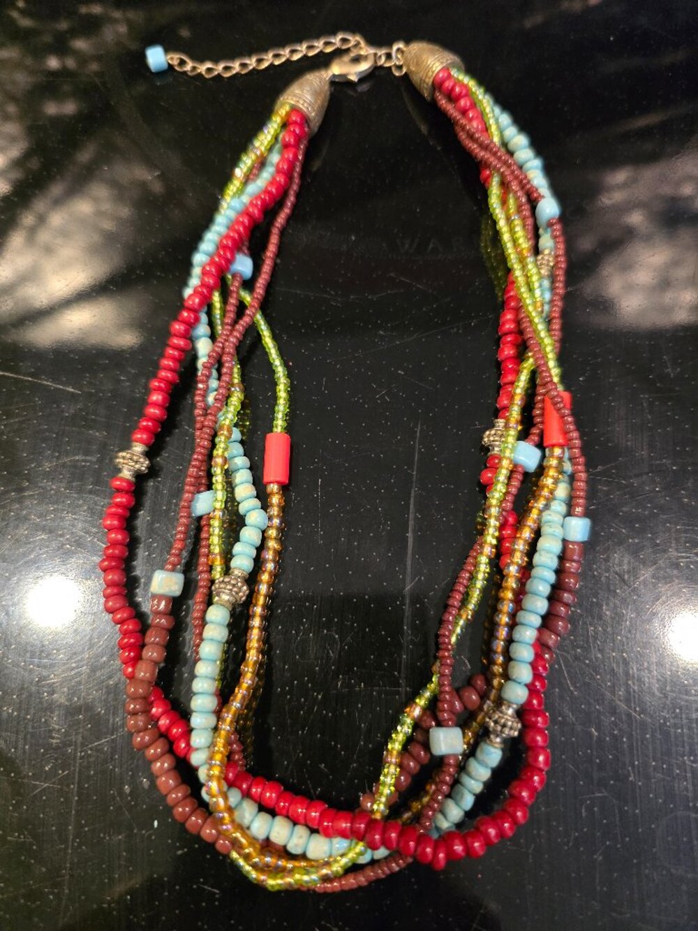Necklace Boho-style Multi-strand Glass Beads Red Blue Brown Silver-metal 17.5"